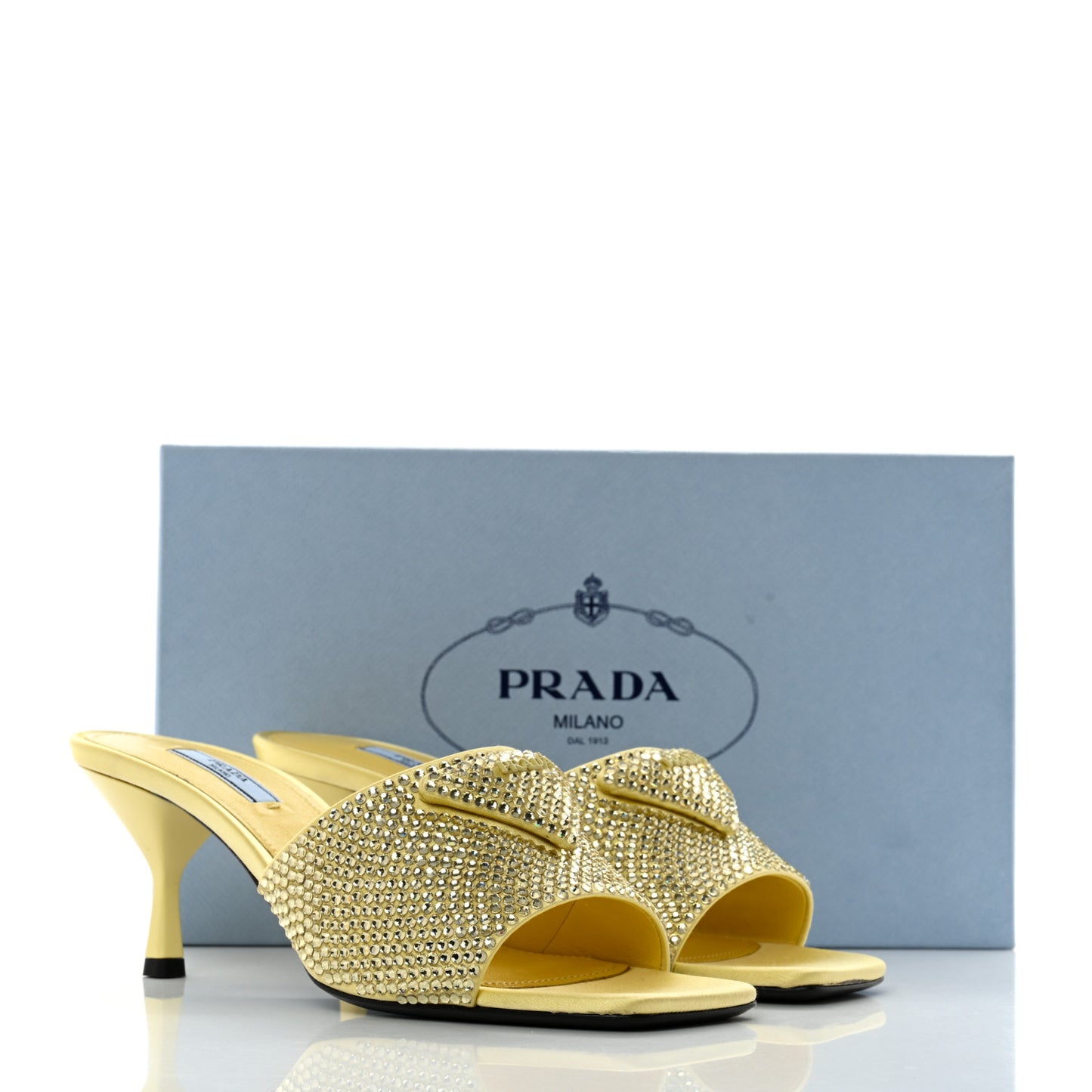 Satin Crystal Logo 85mm Slide Sandals 39 Ananas