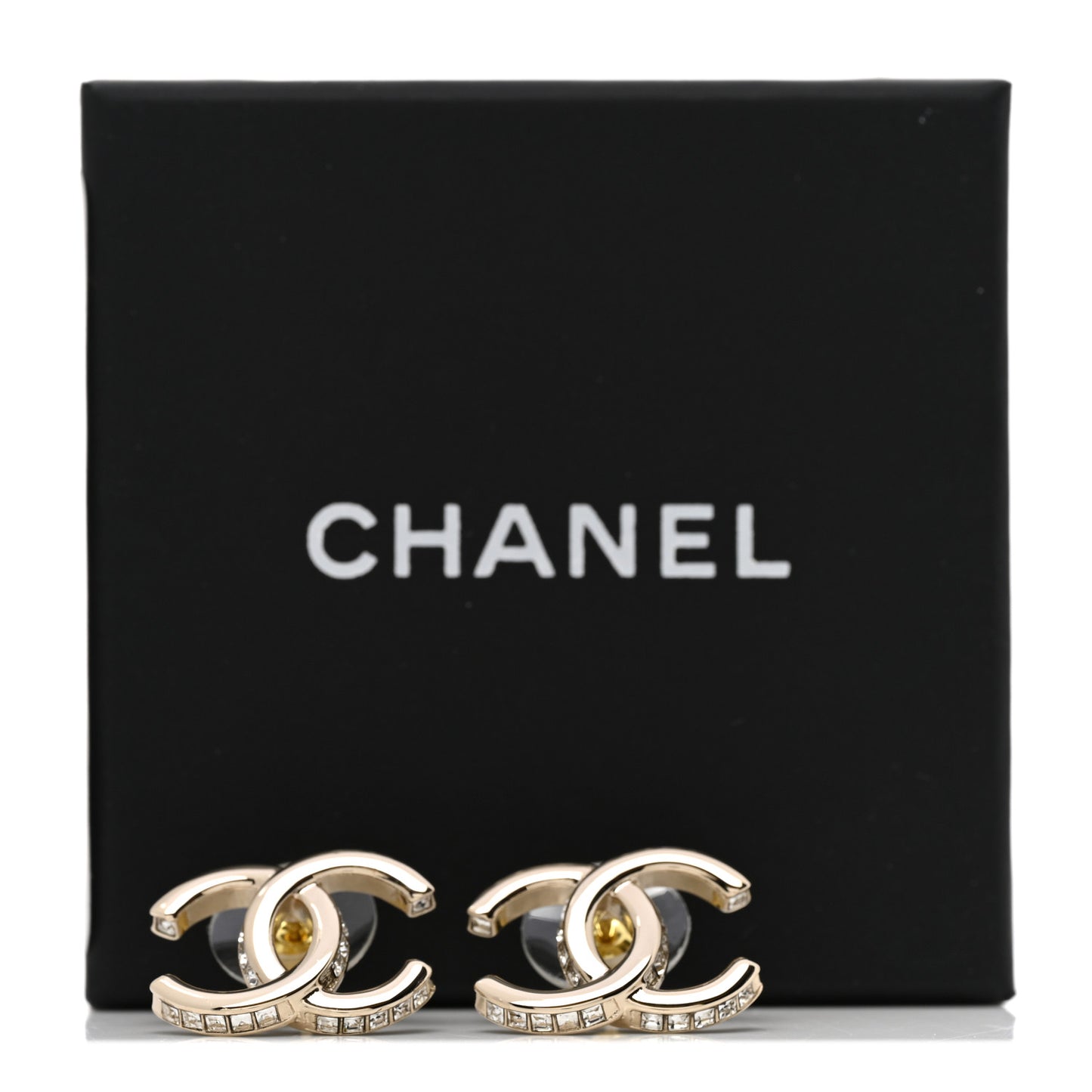 Metal Baguette Crystal CC Earrings Gold