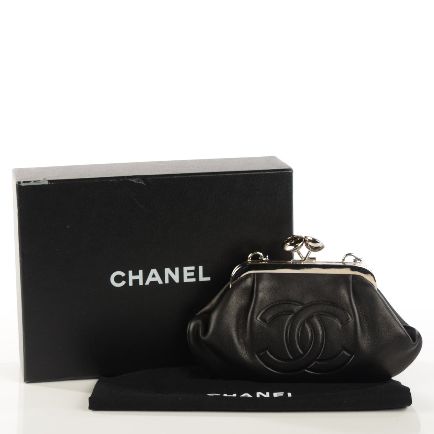 Lambskin CC Kiss Lock Evening Clutch Black