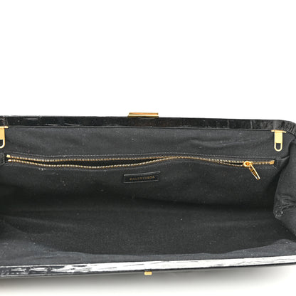 Balenciaga Shiny Supple Calfskin Logo Crocodile Embossed XL Cloud Clutch Black White 5 of 9