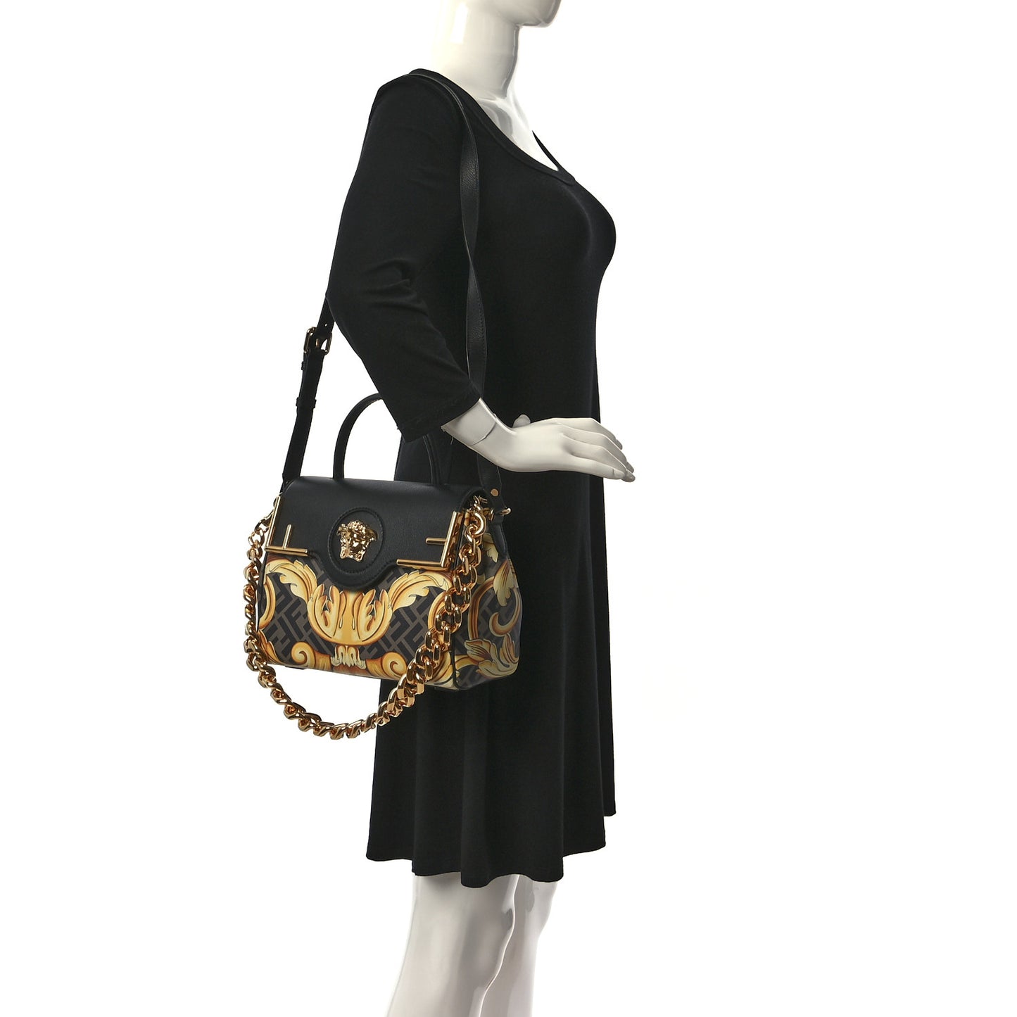 X FENDI Grained Calfskin Fendace La Medusa Medium Top Handle Bag Black Multicolor