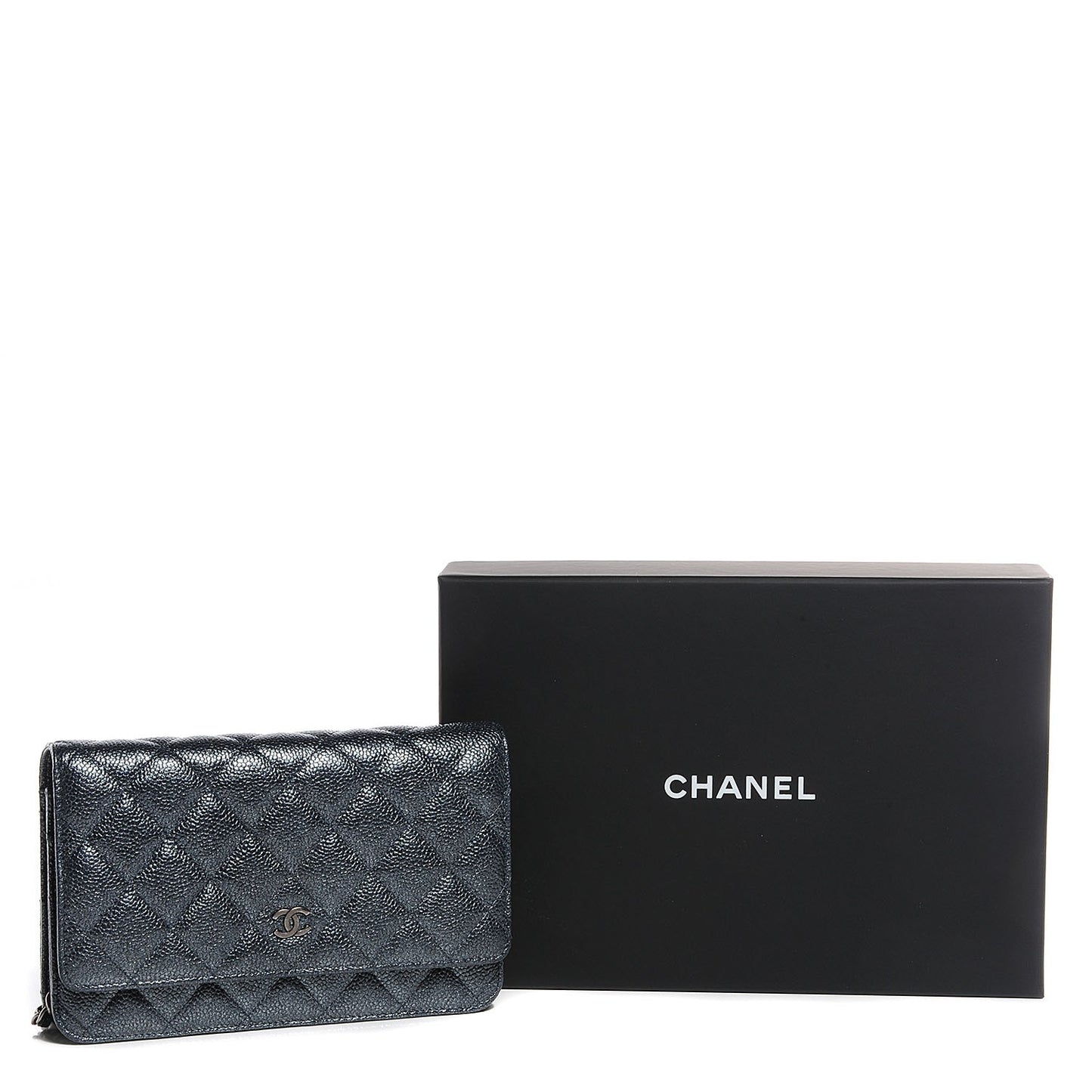 Metallic Caviar Quilted Wallet On Chain WOC Charcoal