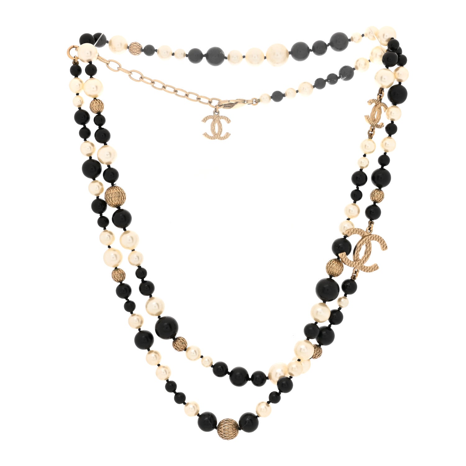 Chanel Metal Pearl Beaded Textured CC Long Necklace Gold Black White 2 of 5