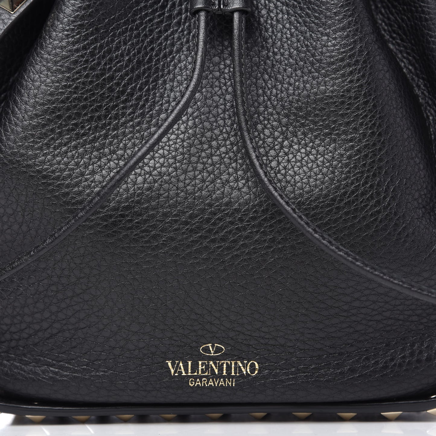 Grained Calfskin Rockstud Bucket Bag Black