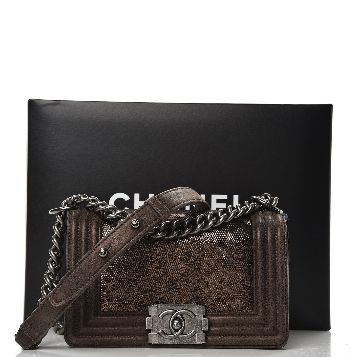 Metallic Lizard Iridescent Calfskin Small Boy Flap Bronze