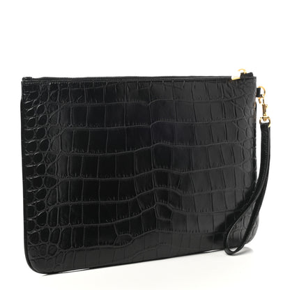 Saint Laurent Calfskin Crocodile Embossed Tablet Pouch Black 3 of 7