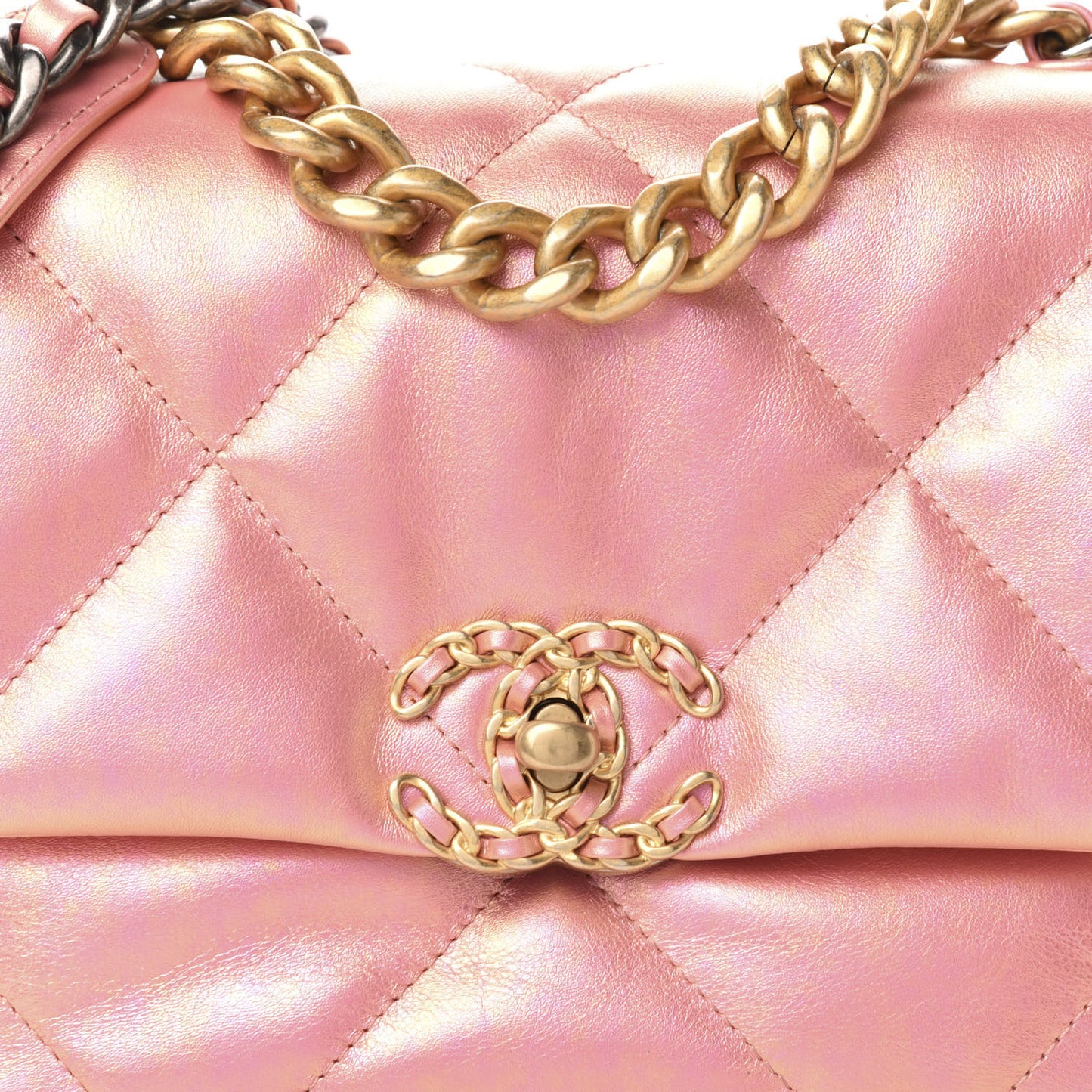 Iridescent Calfskin Quilted Medium 19 Flap Pink