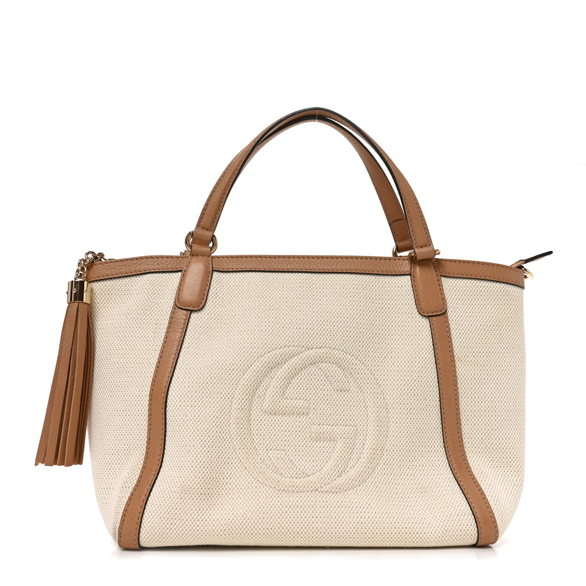 Gucci Linen Canvas Pebbled Calfskin Small Soho Top Handle Bag White Camelia 1 of 10