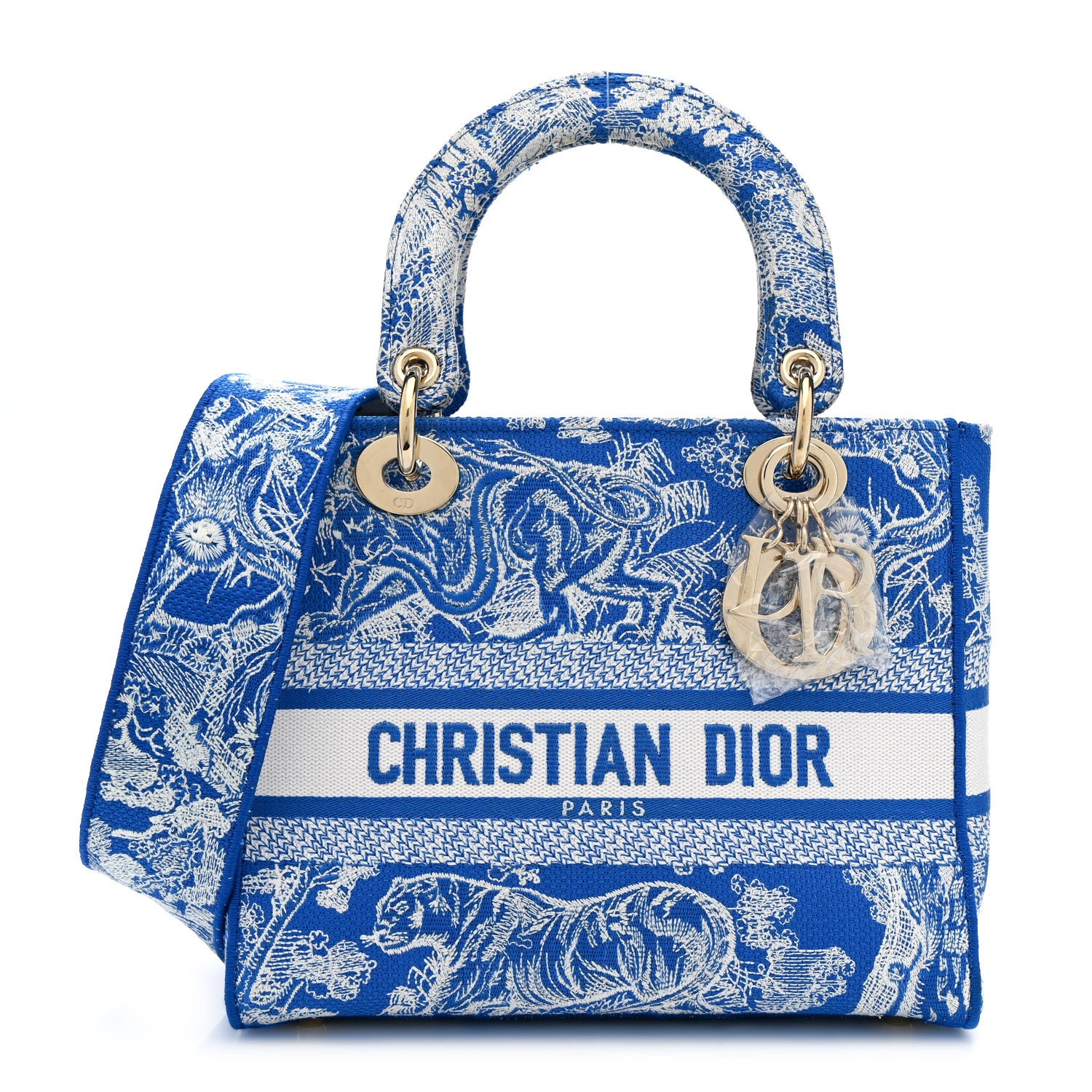 Christian Dior Canvas Toile De Jouy Reverse Embroidered Medium Lady D-Lite Fluorescent Blue 1 of 15