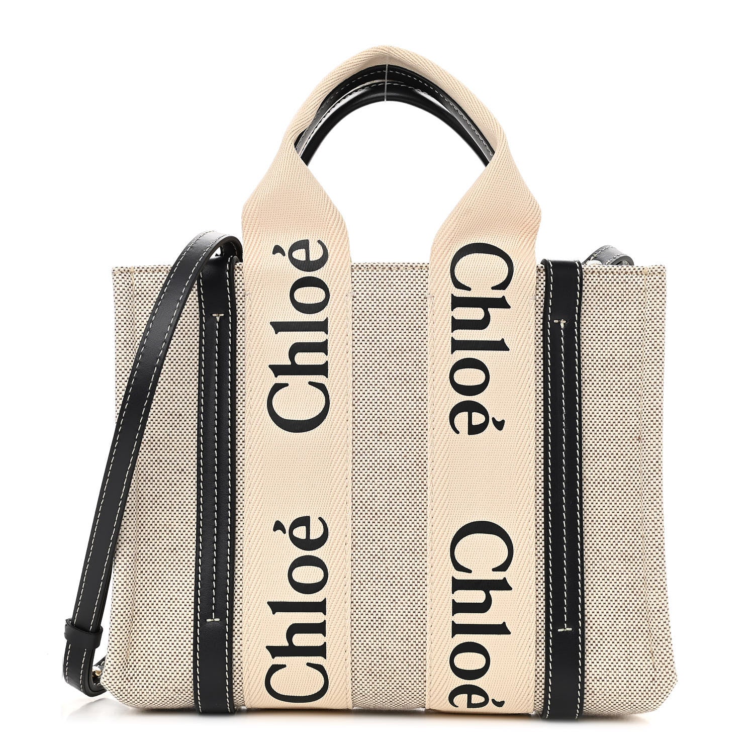 Chloe Cotton Calfskin Small Woody Ribbon Tote With Strap White Navy 1 of 10