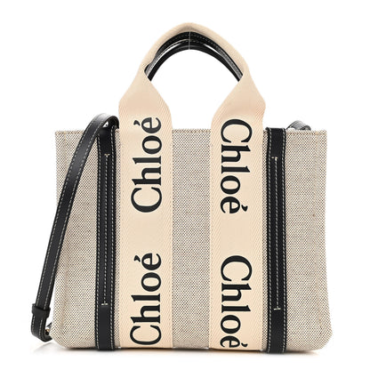 Chloe Cotton Calfskin Small Woody Ribbon Tote With Strap White Navy 1 of 10