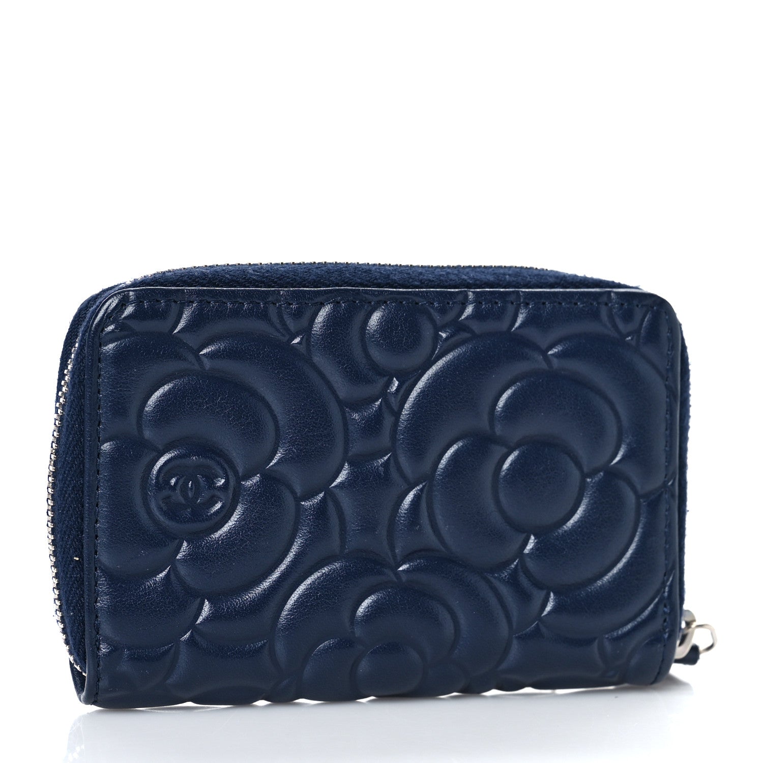 Chanel Lambskin Camellia Embossed Zip Coin Purse Navy 3 of 12