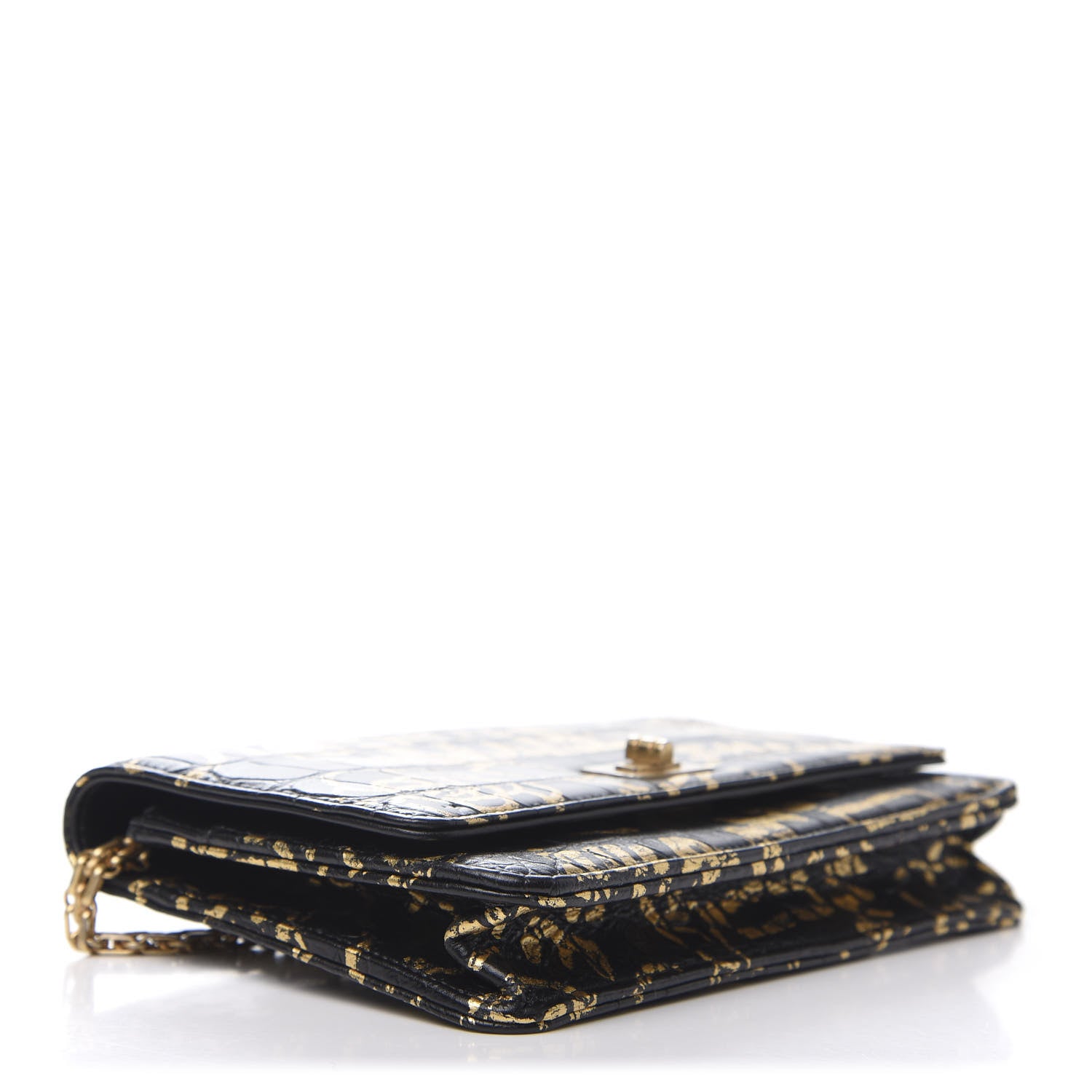 Chanel Calfskin Crocodile Embossed Graffiti 2.55 Cocodile Reissue Wallet On Chain WOC Black Gold 15 of 22