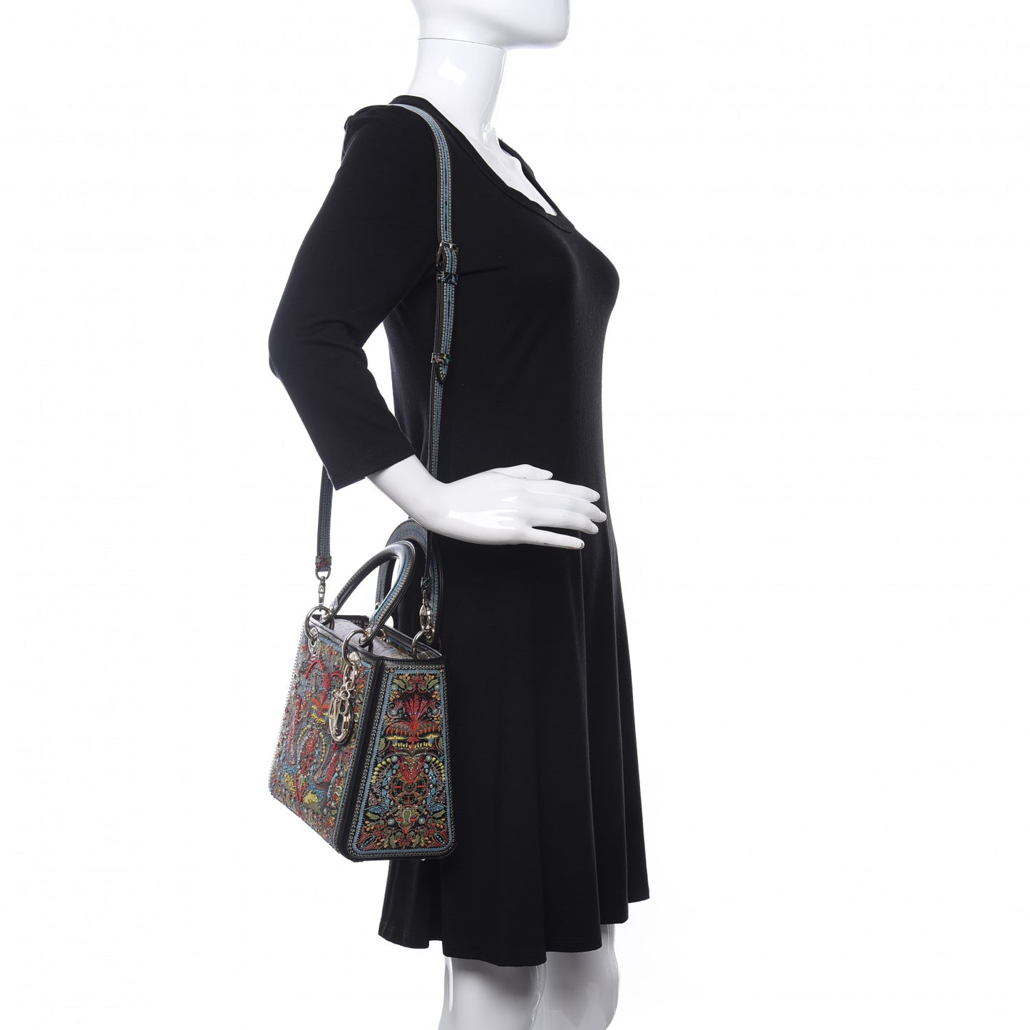 Smooth Calfskin Embroidered Medium Lady Dior Black Multicolor