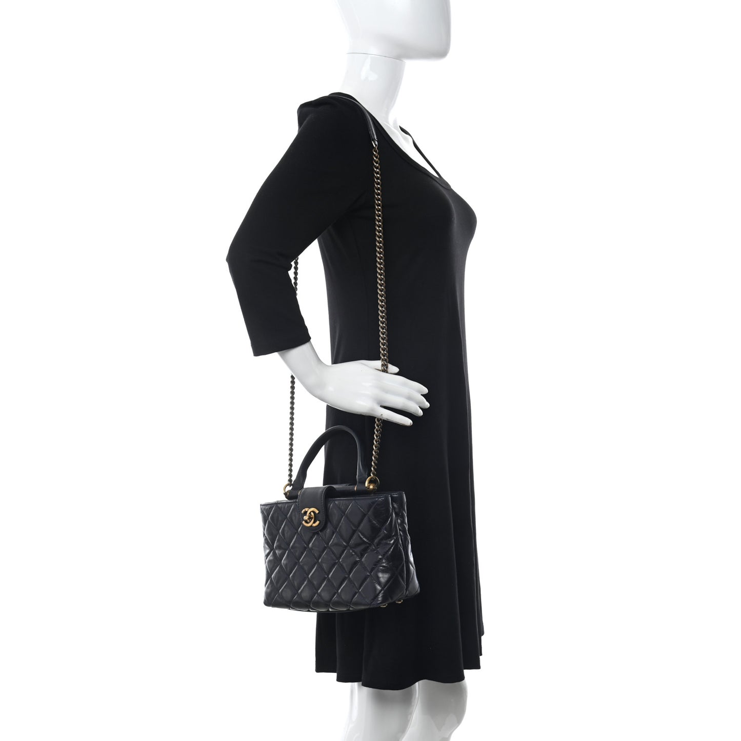 Glazed Calfskin Quilted Small Gold Bar Tote Navy Blue