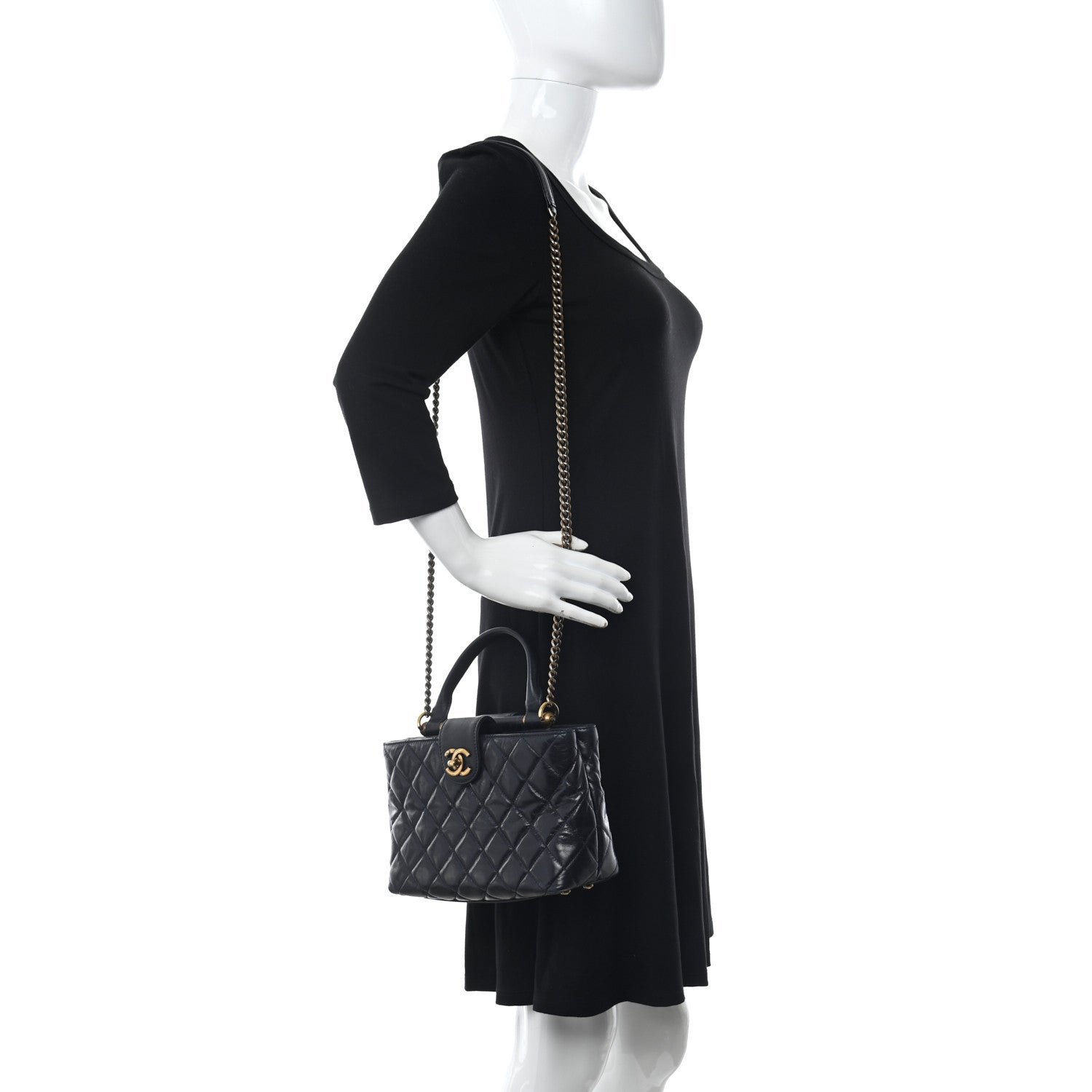 Chanel Glazed Calfskin Quilted Small Gold Bar Tote Navy Blue 2 of 14