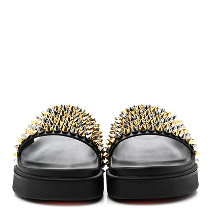 Christian Louboutin Calfskin Studded Mens Pool Roc Flat Slide Sandals 44 Black Multicolor 2 of 11