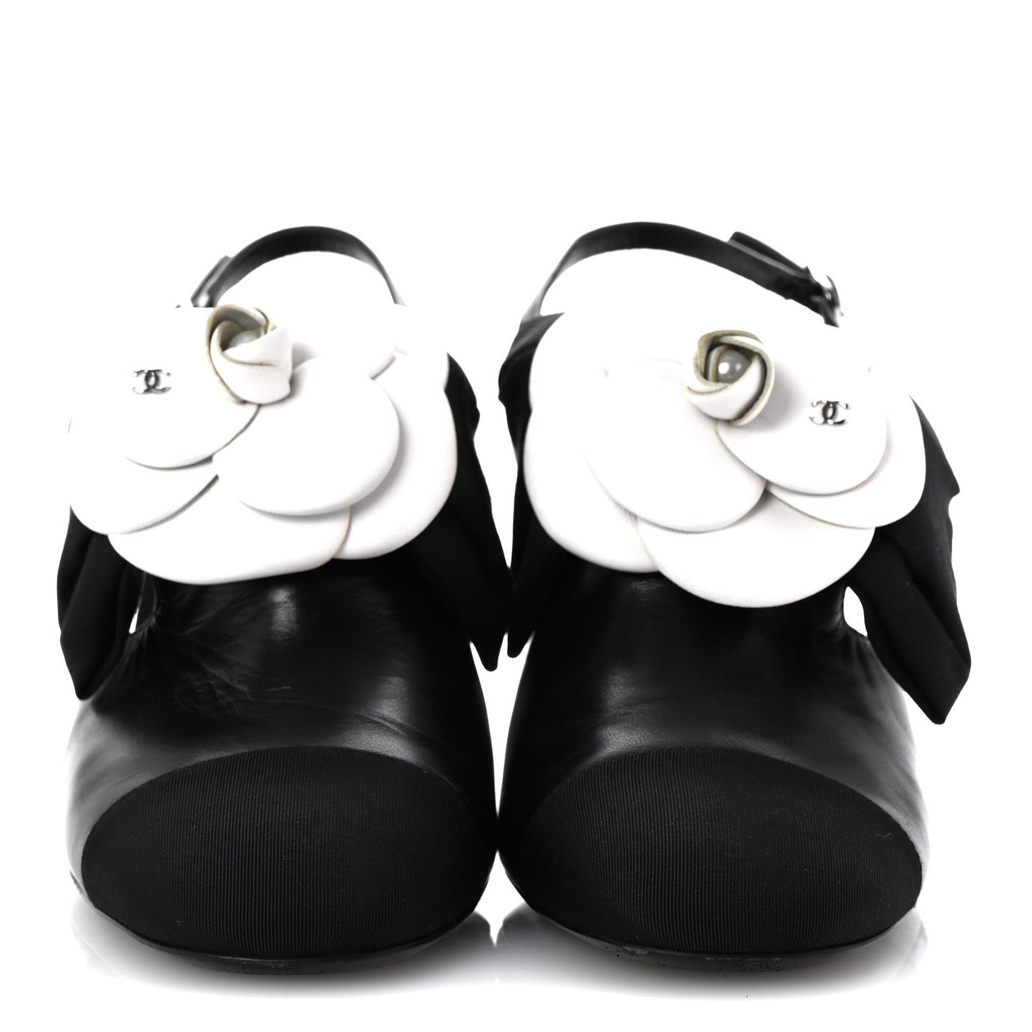 Lambskin Grosgrain Cap Toe Camellia Bow Slingback Pumps 40 Black