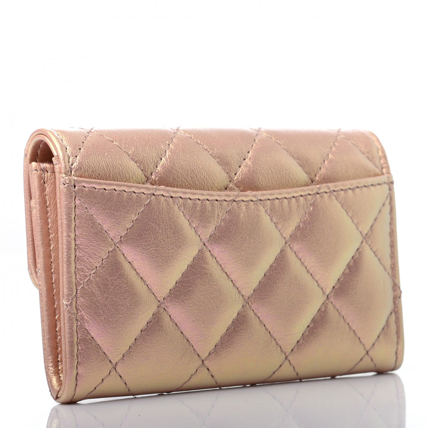Iridescent Calfskin Quilted Flap Card Holder Wallet Pink