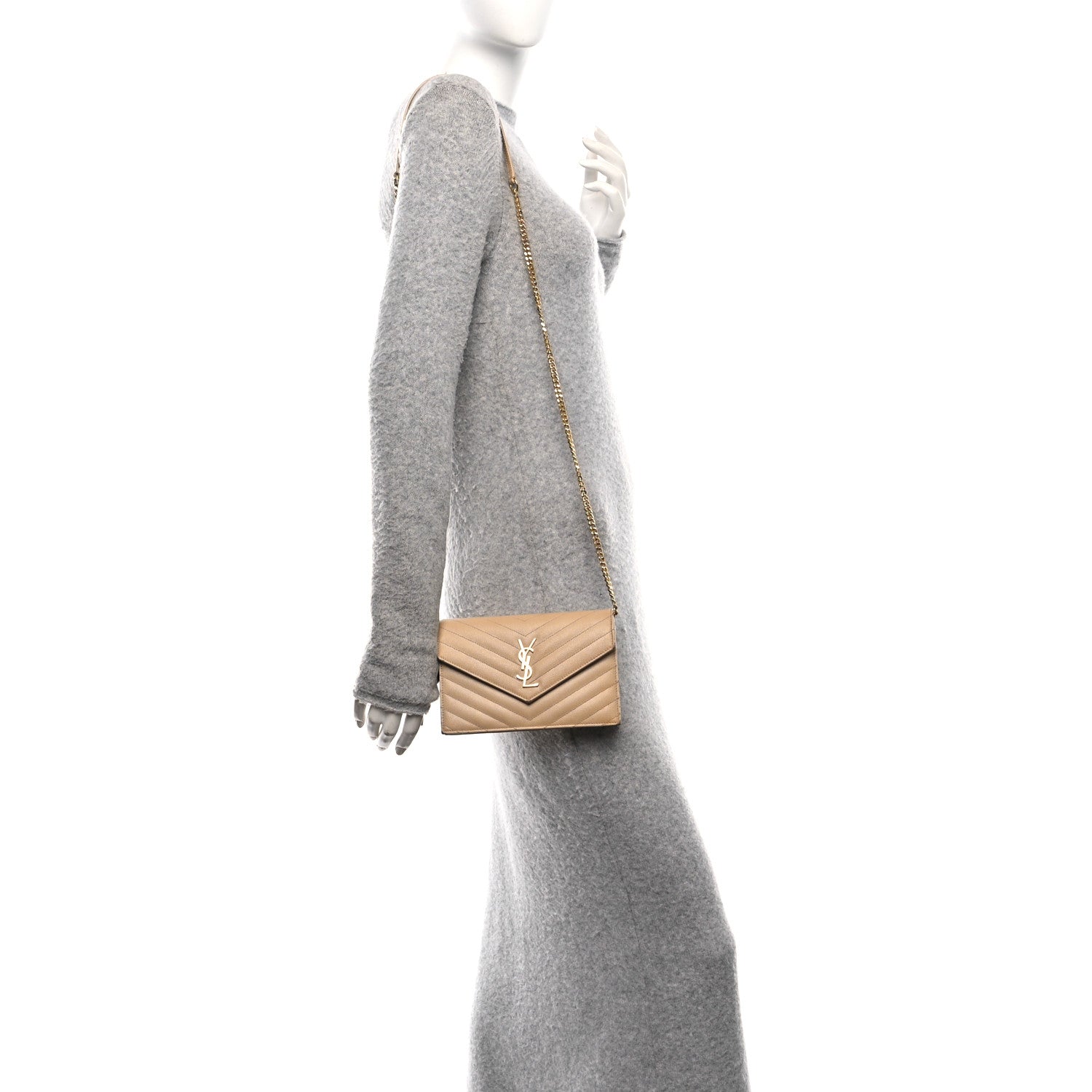 Saint Laurent Grain De Poudre Matelasse Chevron Monogram Envelope Chain Wallet Nude Powder 2 of 12