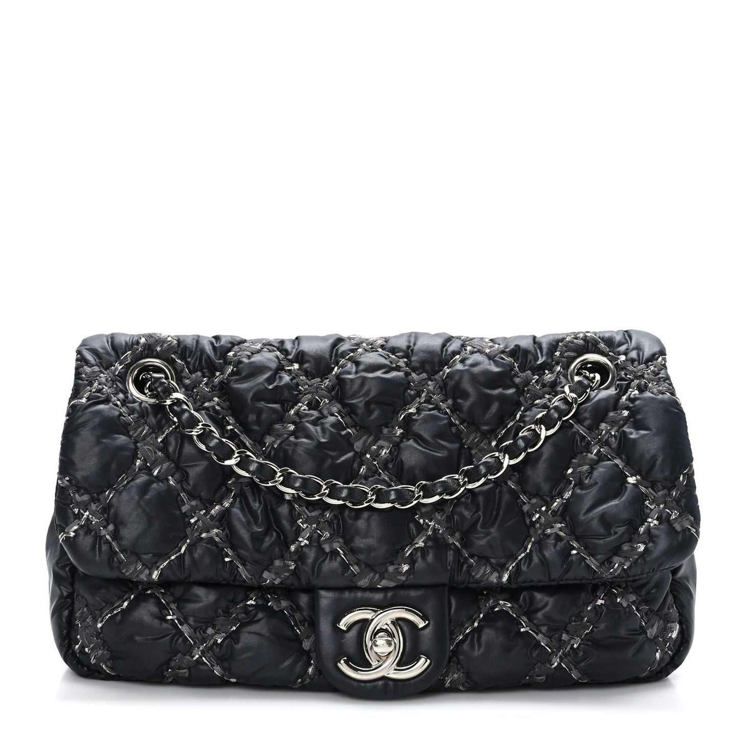 Nylon Quilted Tweed Stitch Medium Bubble Flap Black