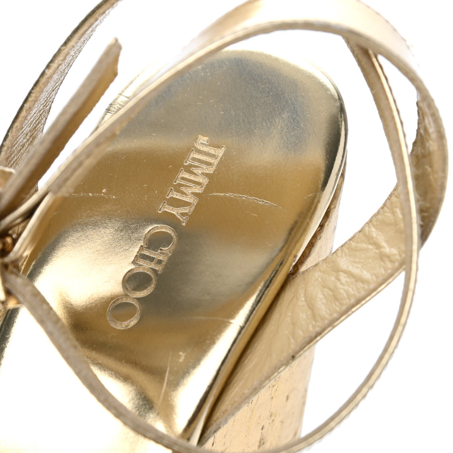Jimmy Choo Metallic Calfskin Cork Papyrus Wedge Sandal 38 Gold 9 of 16