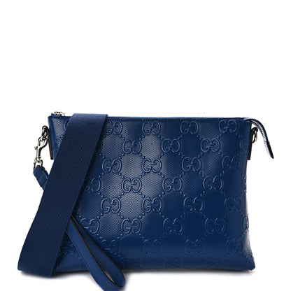 Gucci Calfskin GG Tennis Embossed Medium Wristlet Messenger Bag Intense Metal Blue 1 of 12