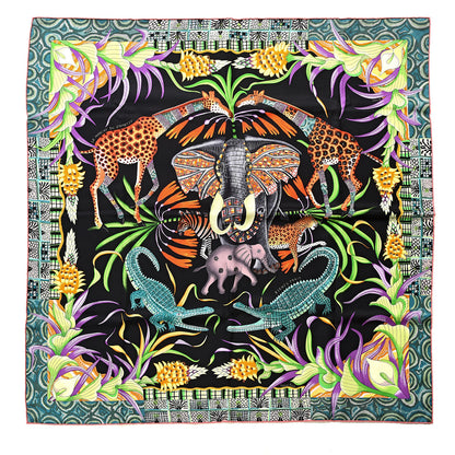 Hermes Silk La Marche Du Zambeze Scarf 90 Black Corail Vert 1 of 6