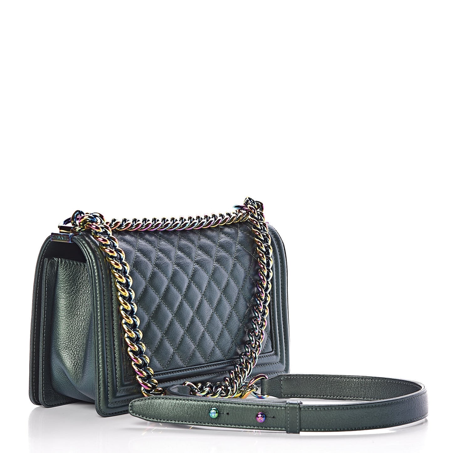 Iridescent Goatskin Quilted Medium Boy Flap Green