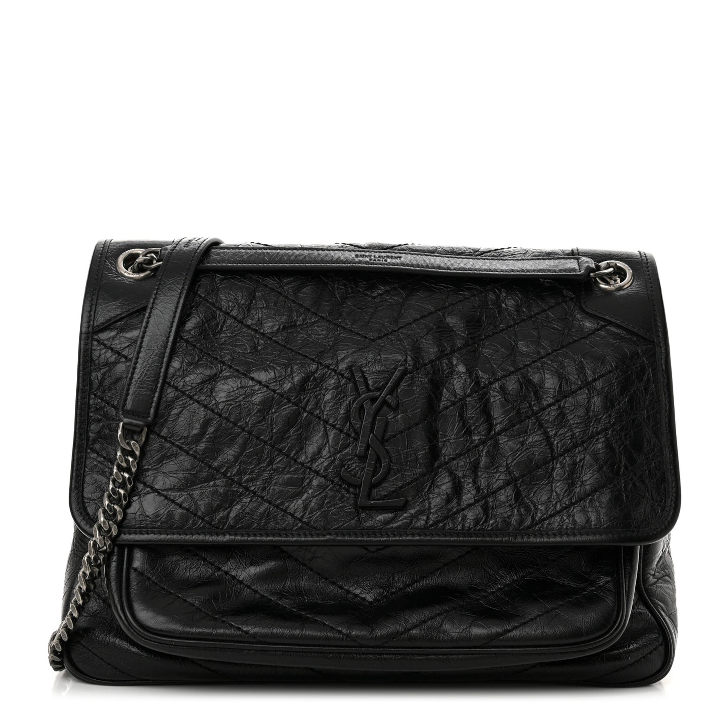 Crinkled Calfskin Matelasse Monogram Large Niki Chain Satchel Black