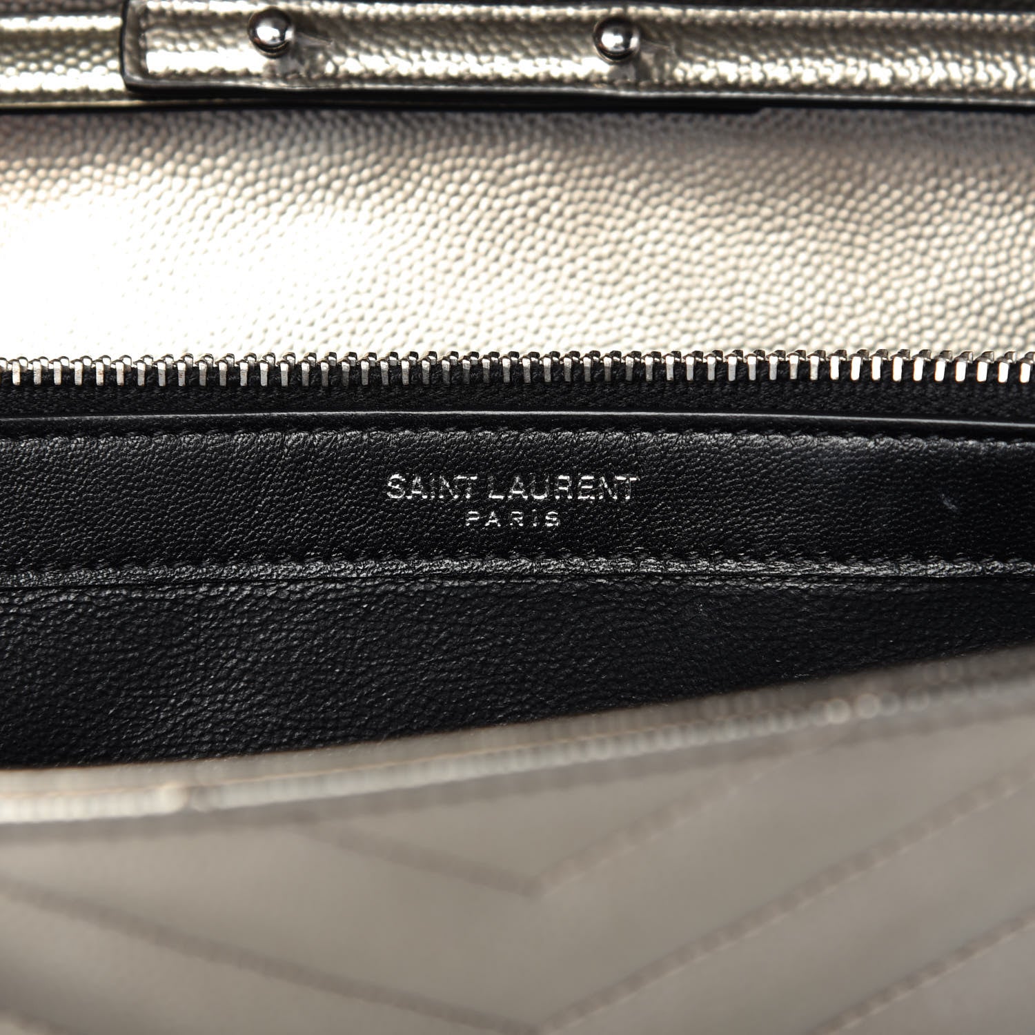 Saint Laurent Metallic Grain De Poudre Matelasse Chevron Monogram Chain Wallet Piombo 8 of 10