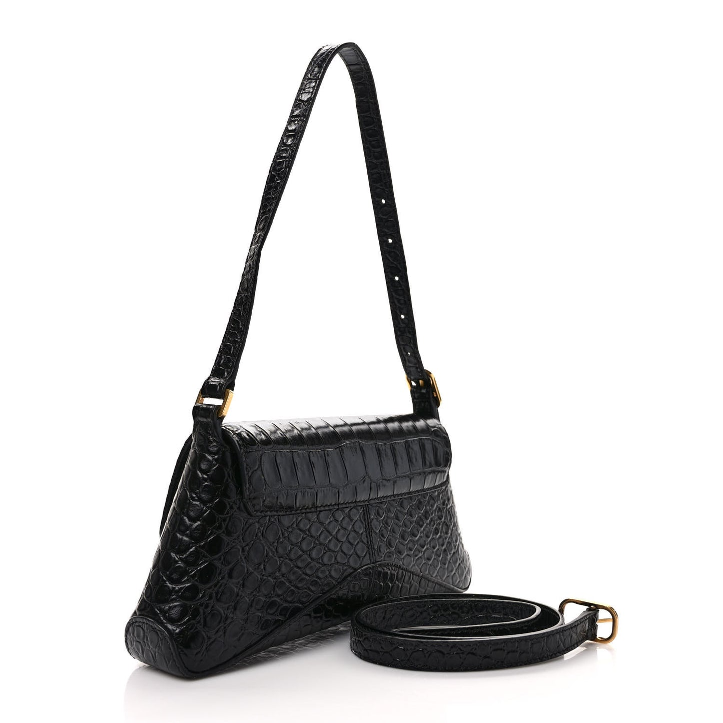 Shiny Super Supple Calfskin Crocodile Embossed Small XX Flap Stretch Bag Black