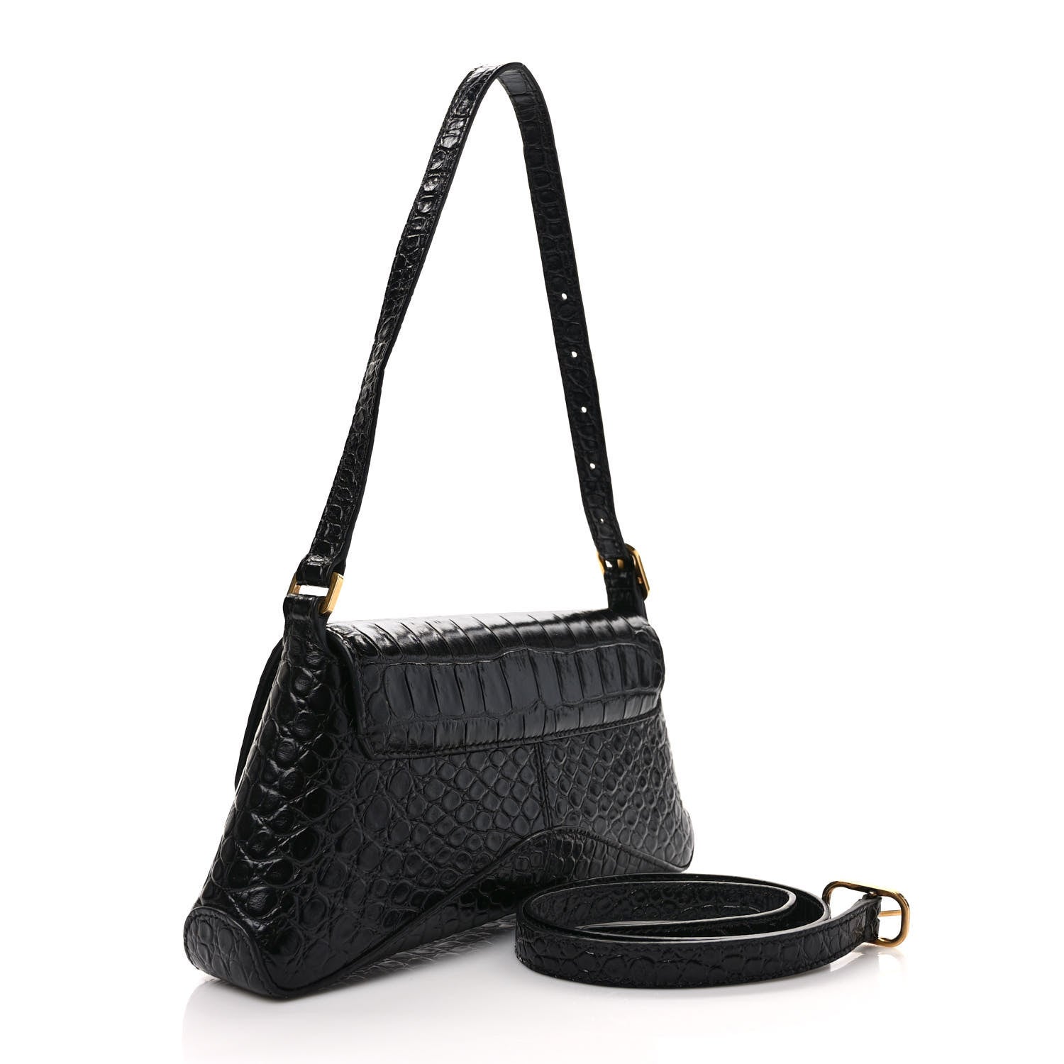 Balenciaga Shiny Super Supple Calfskin Crocodile Embossed Small XX Flap Stretch Bag Black 3 of 9