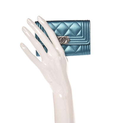 Chanel Metallic Caviar Quilted Boy Card Holder Wallet Turquoise 2 of 9