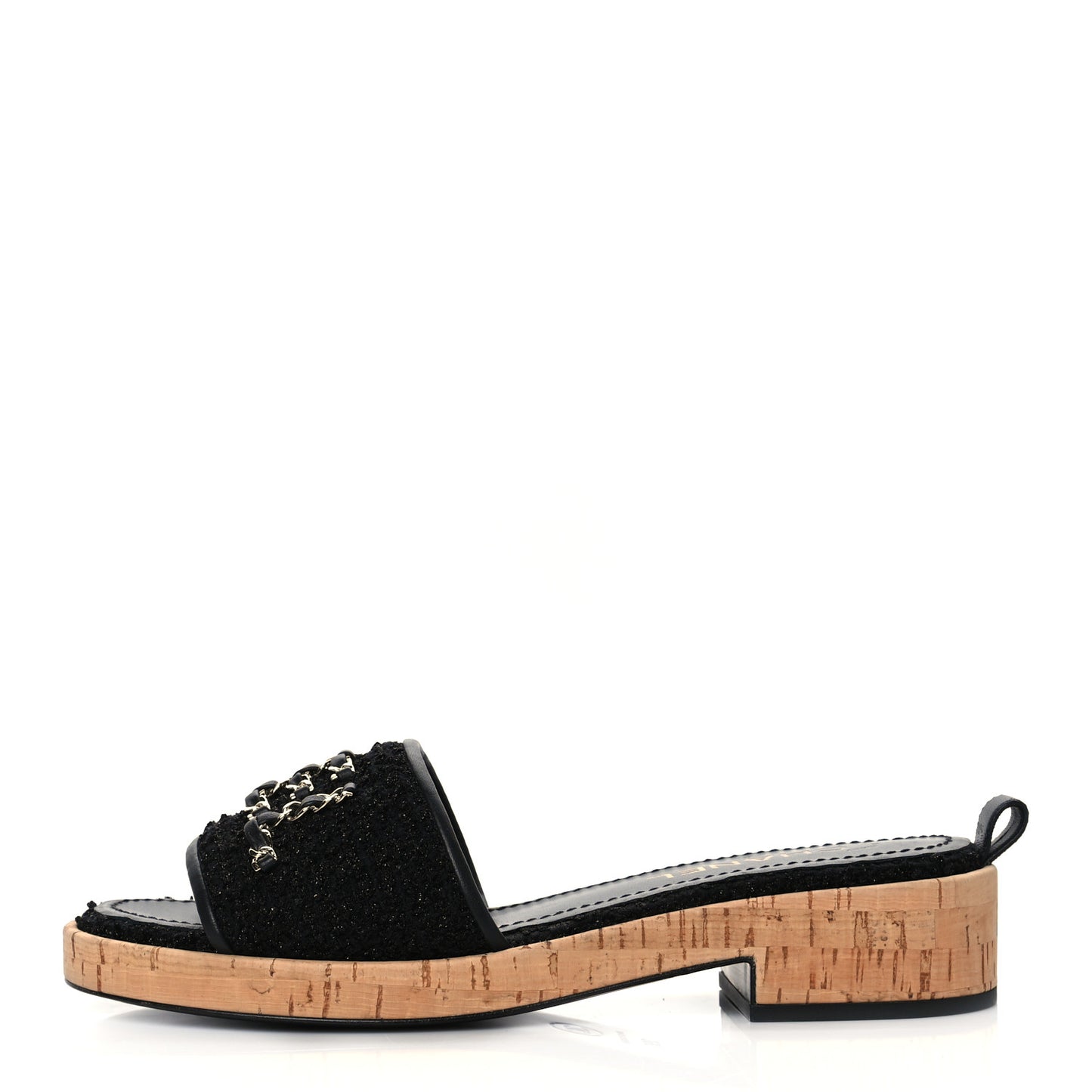 Tweed Cork CC Chain Mule Sandal 39 Black