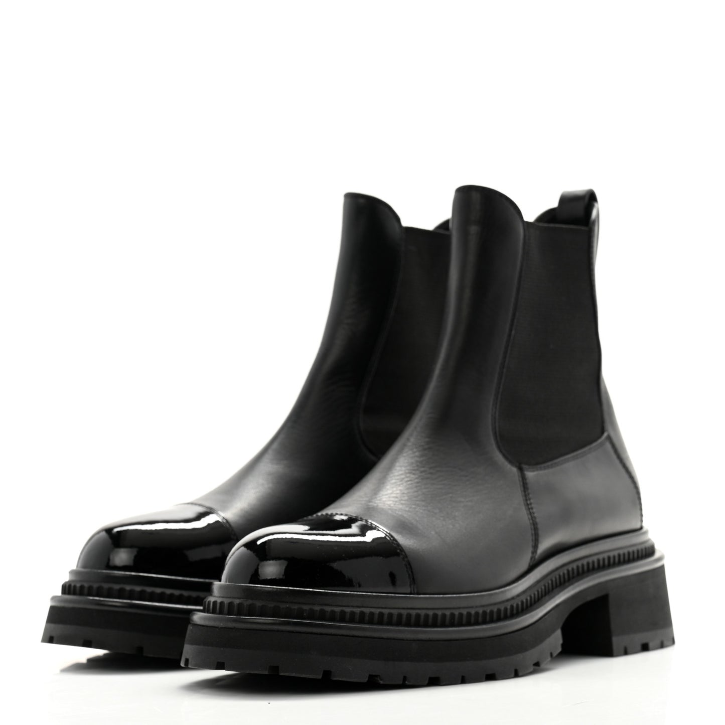 Calfskin Patent Cap Toe Ankle Boots 36.5 Black