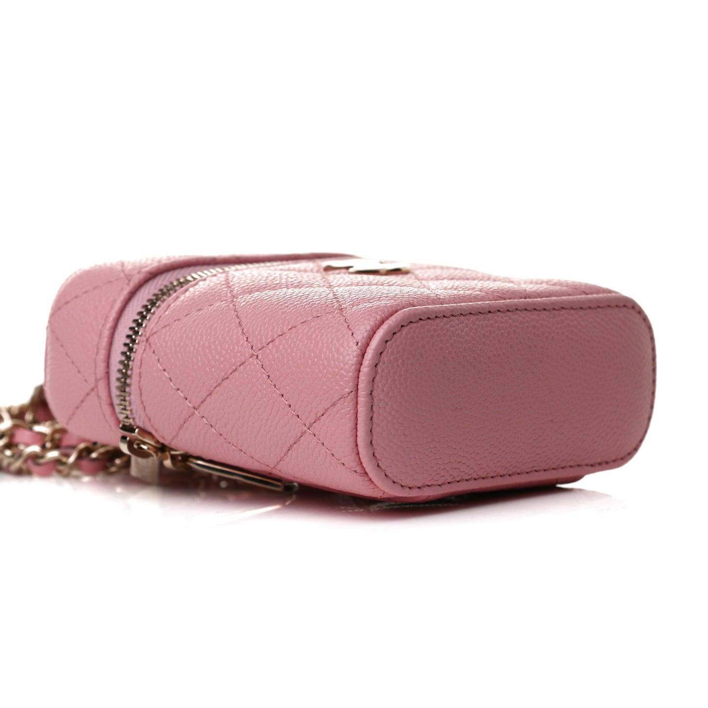 Caviar Quilted Small Handle With Care Vanity Case With Chain Pink