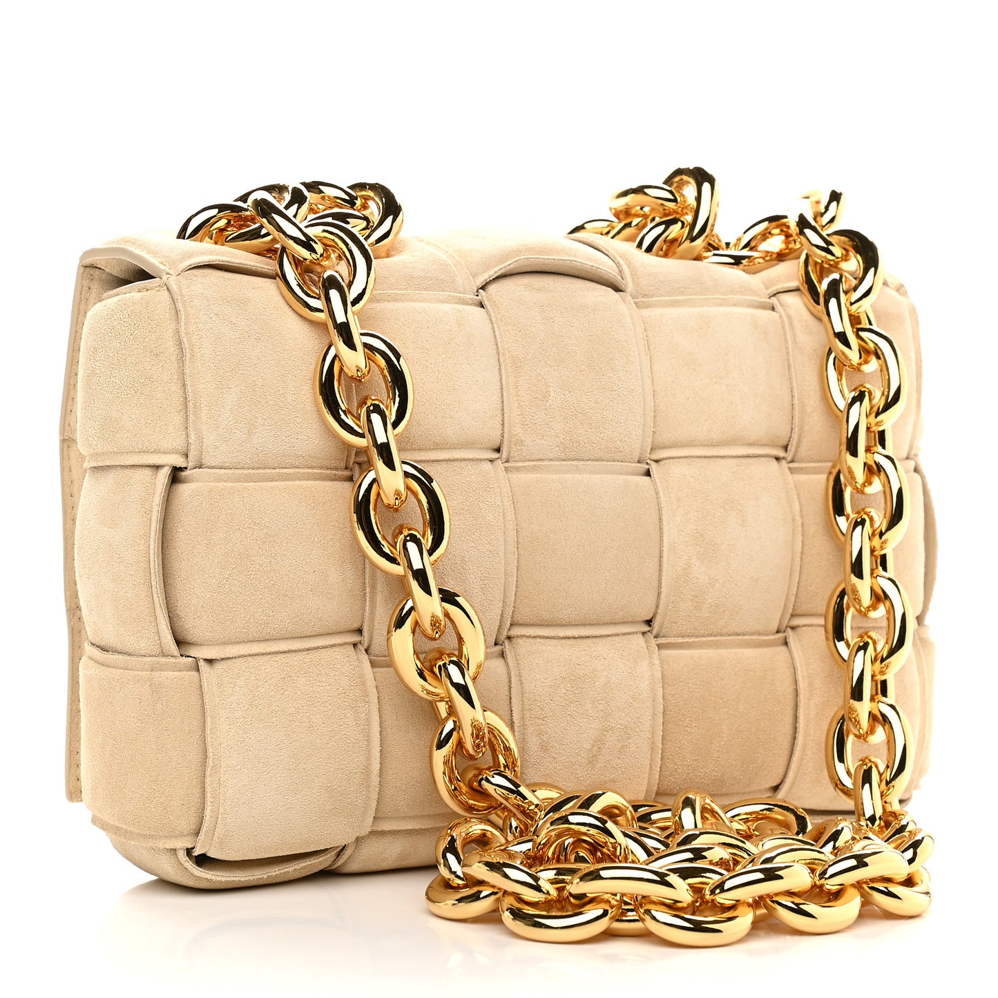 Suede Maxi Intrecciato Padded Chain Cassette Crossbody Bag Sand