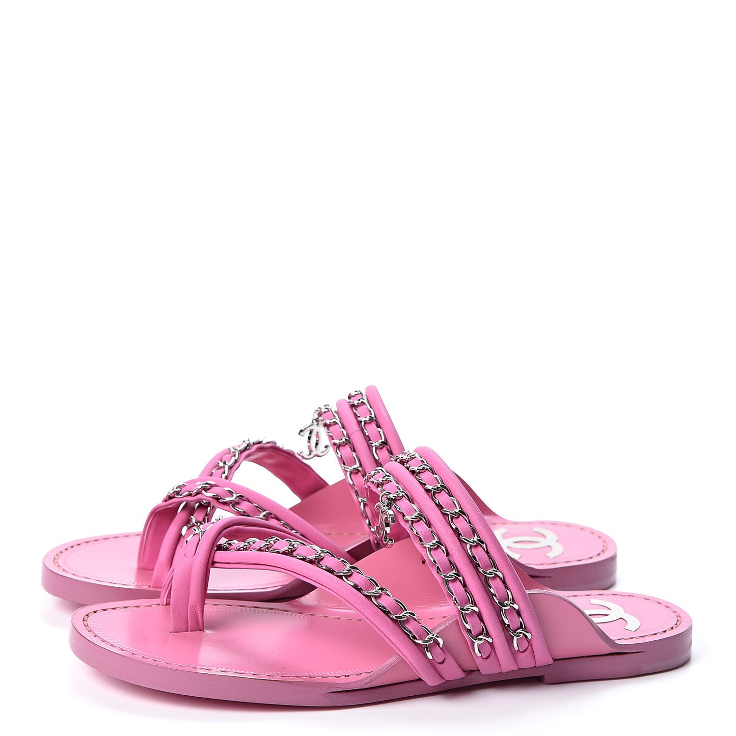 Calfskin Chain CC Thong Flat Sandals 36 Pink