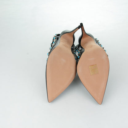 Valentino Garavani Pebbled Calfskin Turquoise Rockstud Rolling Ankle Strap 100mm Pumps 37.5 Black 5 of 7