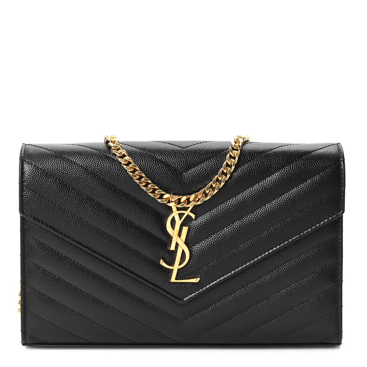 Saint Laurent Grain De Poudre Matelasse Chevron Monogram Chain Wallet Black 1 of 9