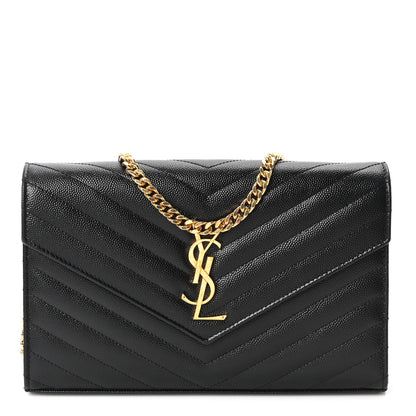 Saint Laurent Grain De Poudre Matelasse Chevron Monogram Chain Wallet Black 1 of 9