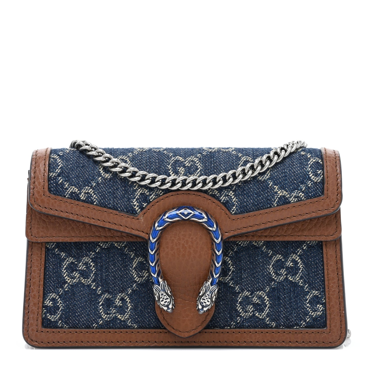 New Denim GG Monogram Dollar Calfskin Enamel Super Mini Dionysus Shoulder Bag Blue Tea Cuir Epilog Electric Blue