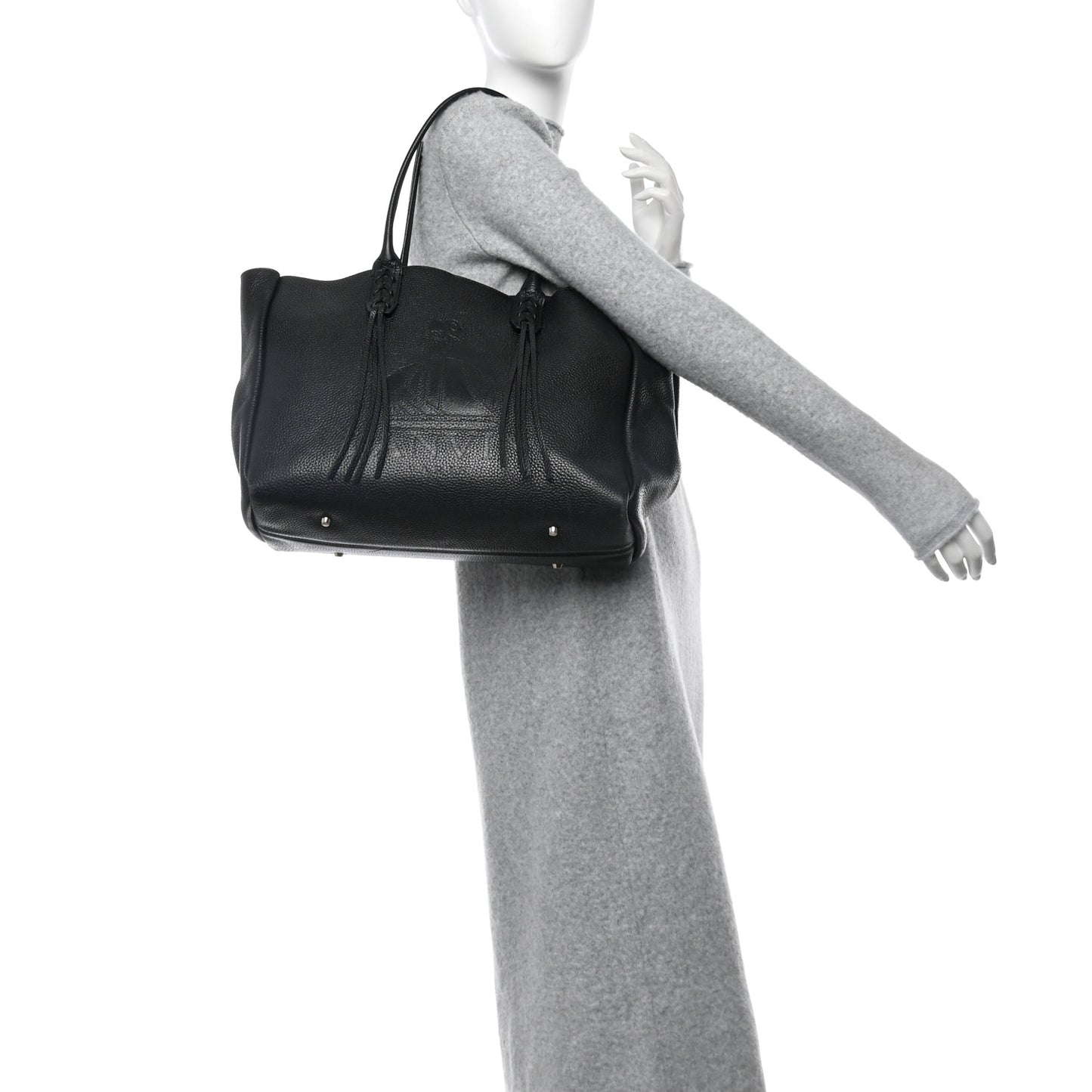 Grained Calfskin Logo Small Fringe Shopper Tote Black