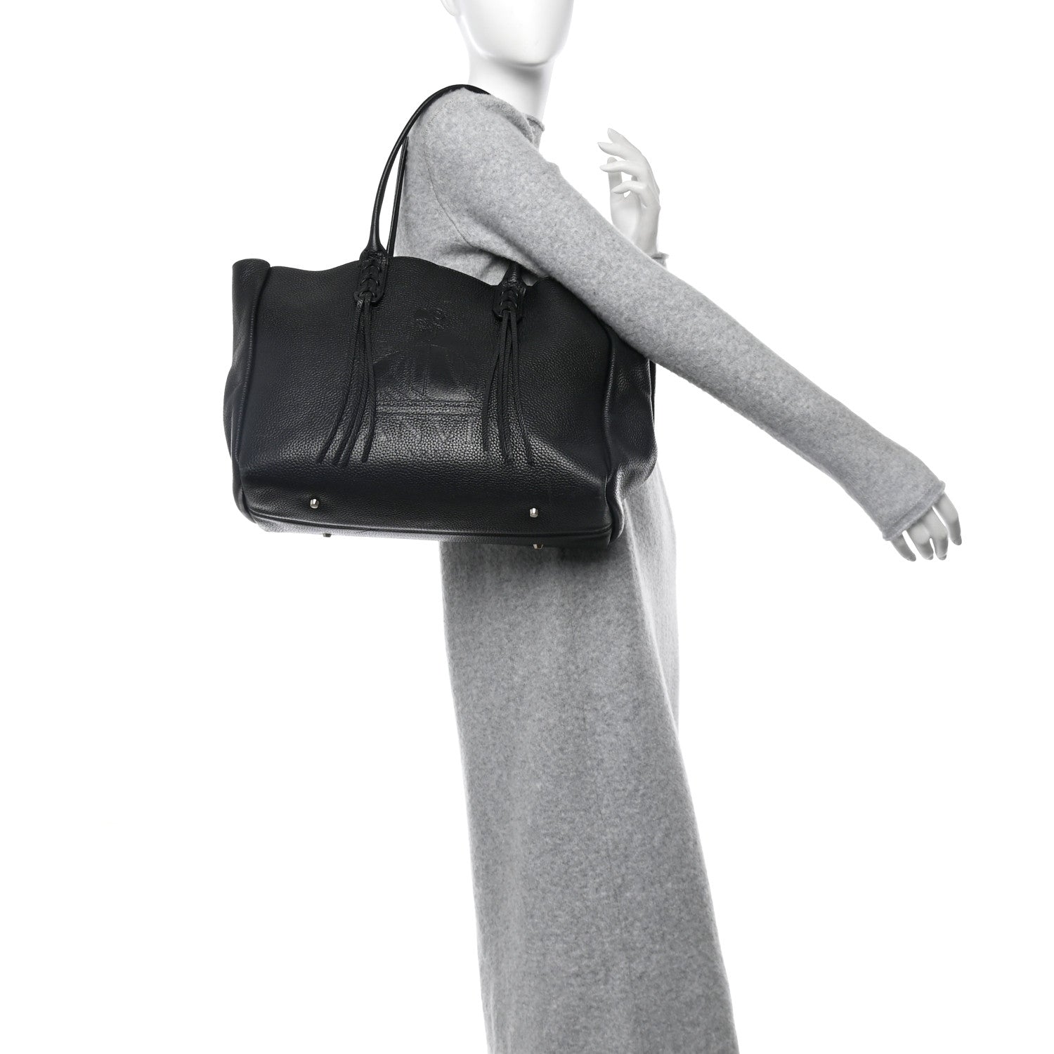 Lanvin Grained Calfskin Logo Small Fringe Shopper Tote Black 2 of 12