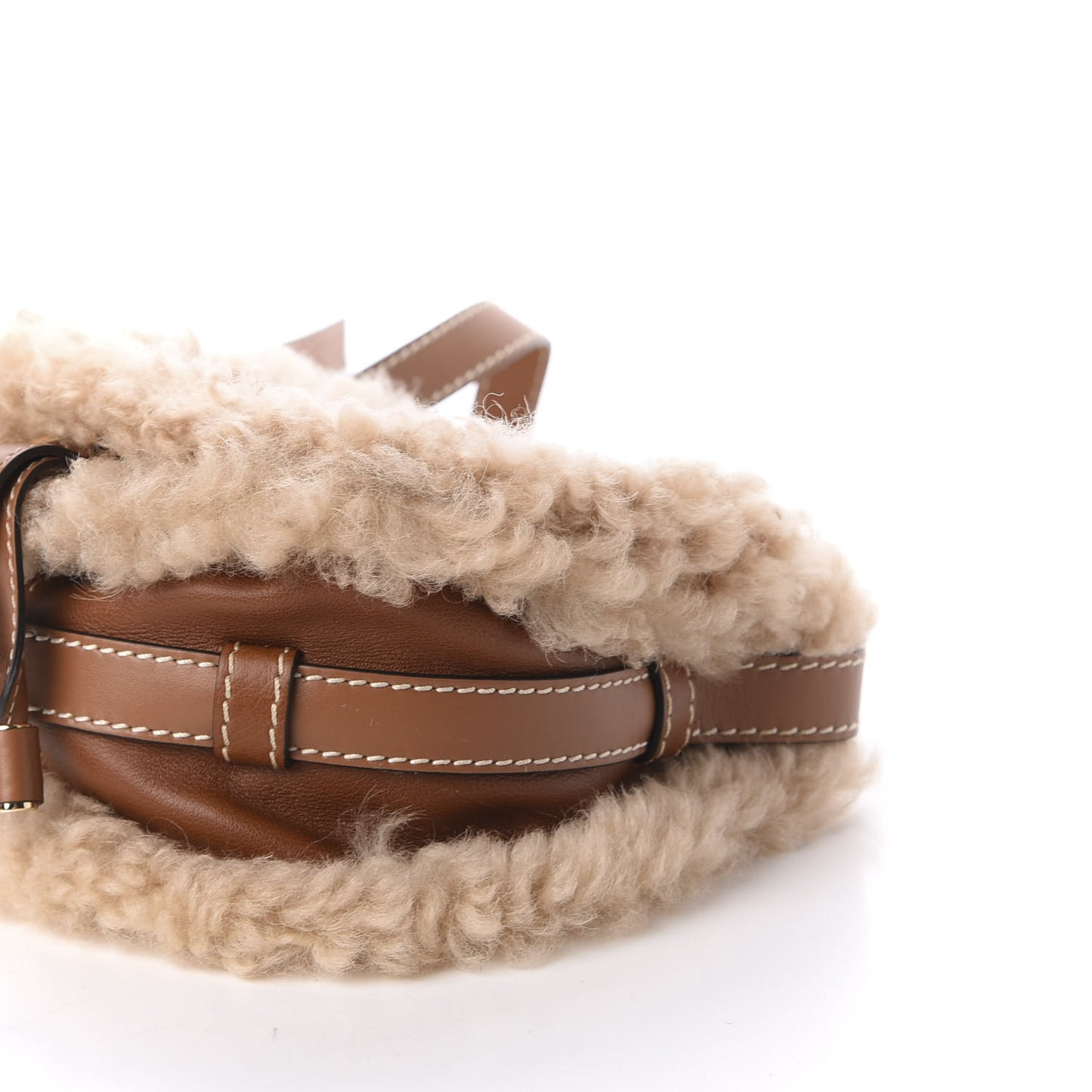 Small Grain Shiny Calfskin Shearling Small Marcie Round Crossbody Bag Caramel