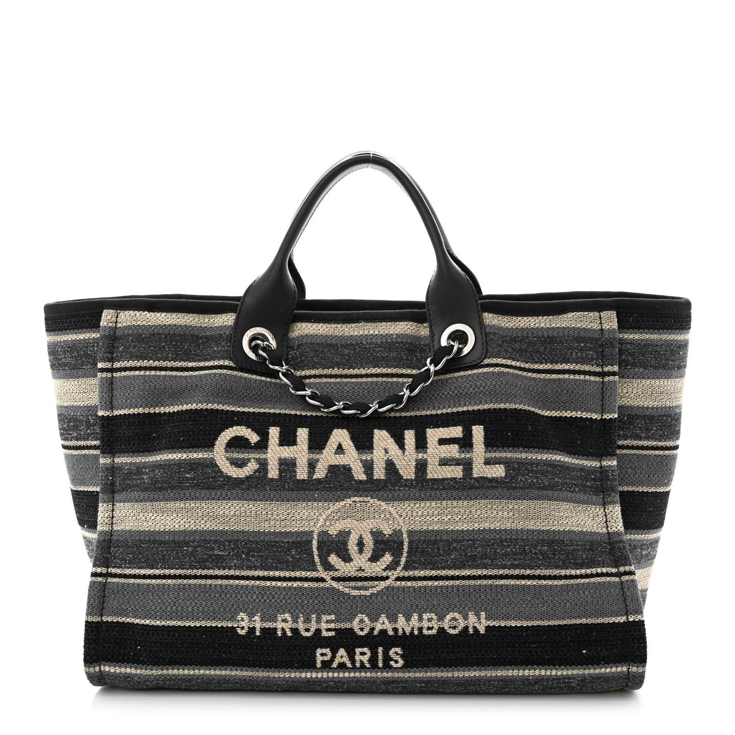 Striped Canvas Medium Deauville Tote Black