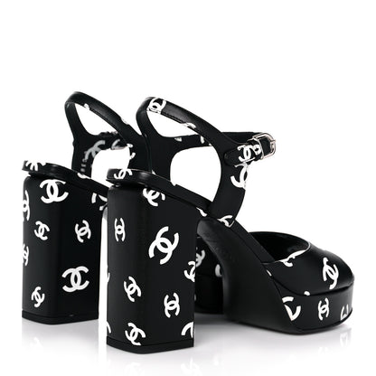 Chanel Printed Lambskin CC Platform Sandals 38 Black White 4 of 9