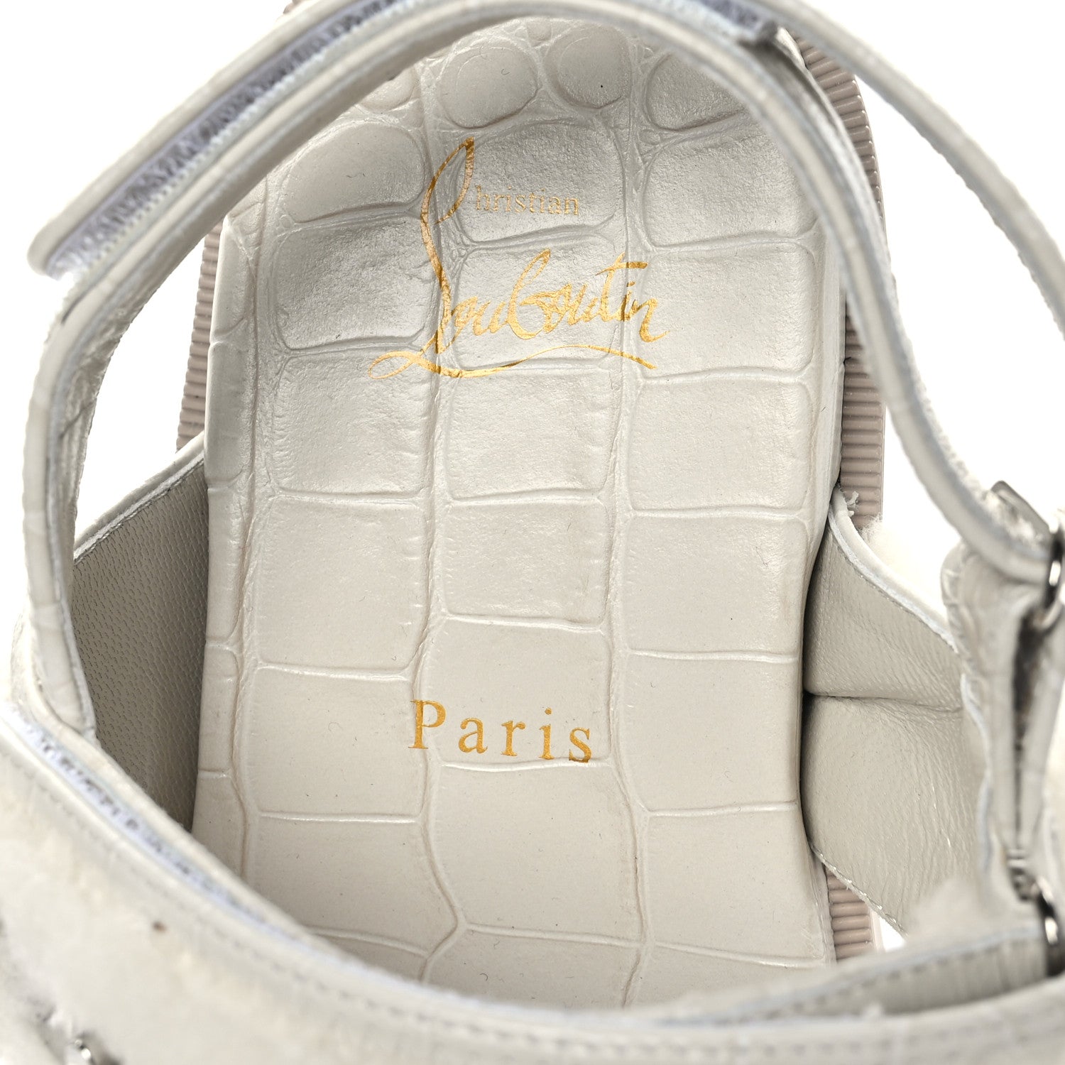 Christian Louboutin Calfskin Crocodile Embossed Lock Wool Flat Sandals 39.5 White 6 of 7