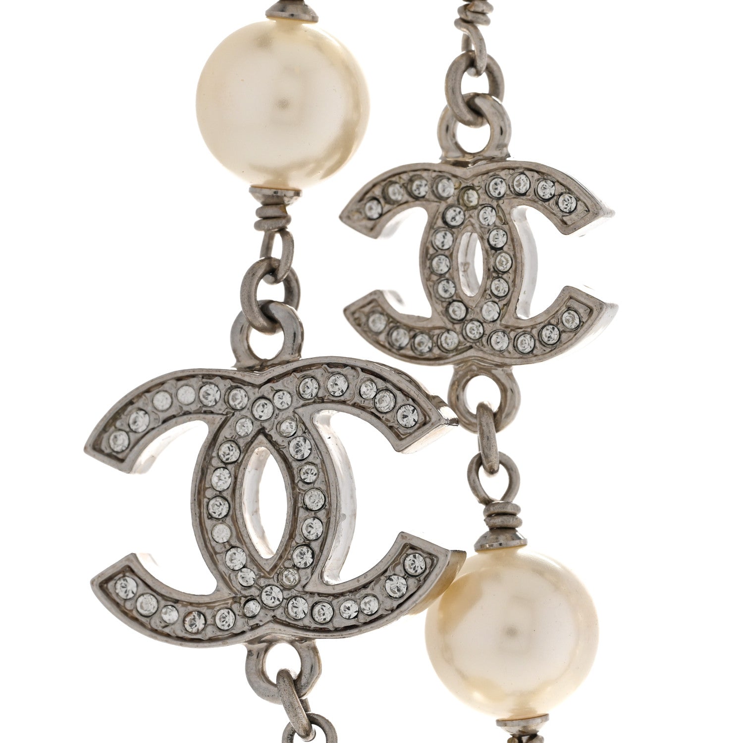 Chanel Crystal Pearl CC Long Necklace Silver 4 of 8